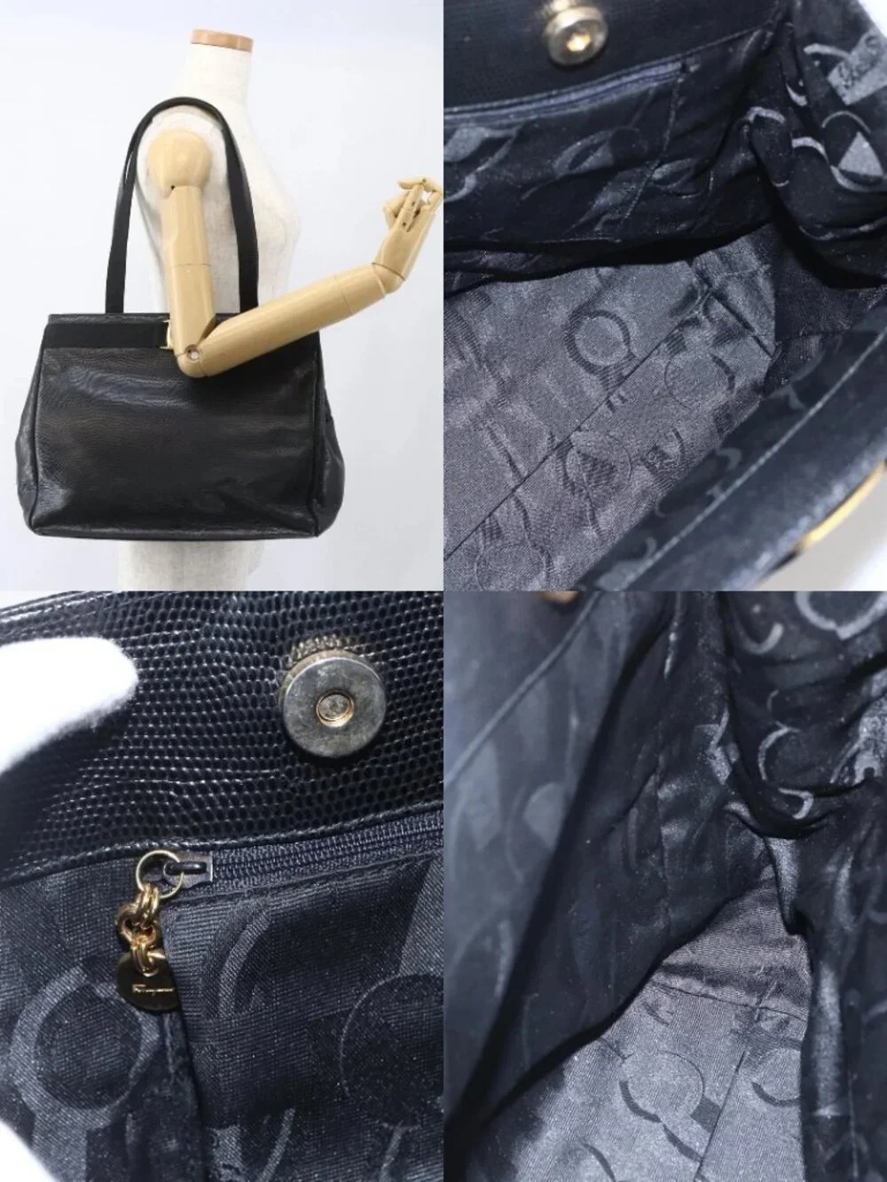 Salvatore Ferragamo Vala Tote Bag Leather Black Gold Auth am10419